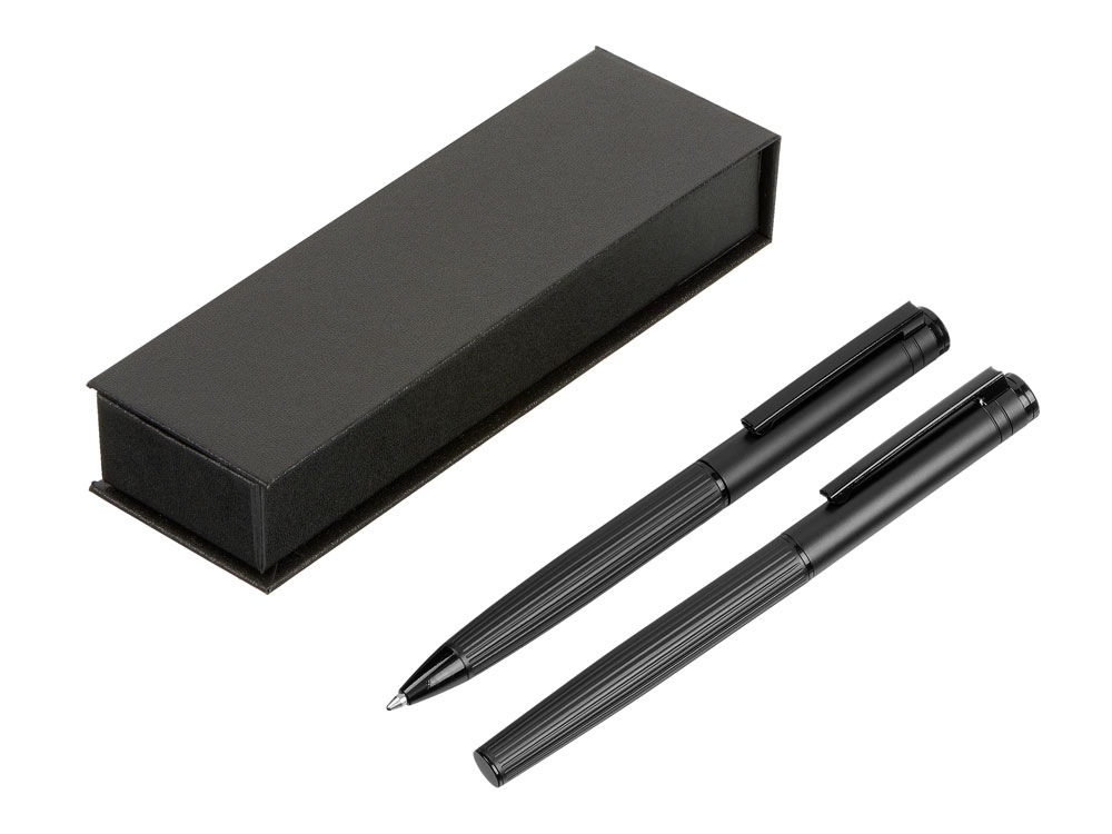 Набор из шариковой ручки и ручки-роллера с анодированным зеркальным слоем в подарочной коробке Monarch Black, черный